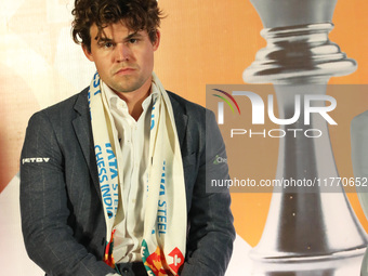 Norway's Magnus Carlsen looks on during the 6th Tata Steel Chess India Rapid & Blitz in Kolkata, India, on November 12, 2024. Sven Magnus Ca...