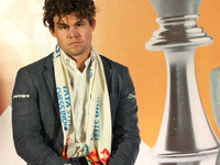 Norway's Magnus Carlsen looks on during the 6th Tata Steel Chess India Rapid & Blitz in Kolkata, India, on November 12, 2024. Sven Magnus Ca...