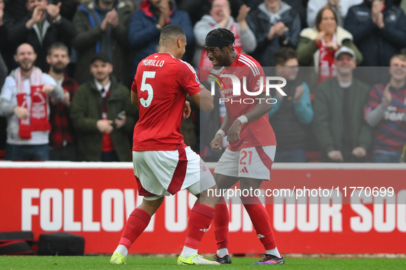 Murillo of Nottingham Forest celebrates with Anthony Elanga of Nottingham Forest after scoring a goal during the Premier League match betwee...