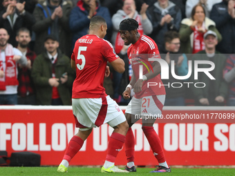 Murillo of Nottingham Forest celebrates with Anthony Elanga of Nottingham Forest after scoring a goal during the Premier League match betwee...