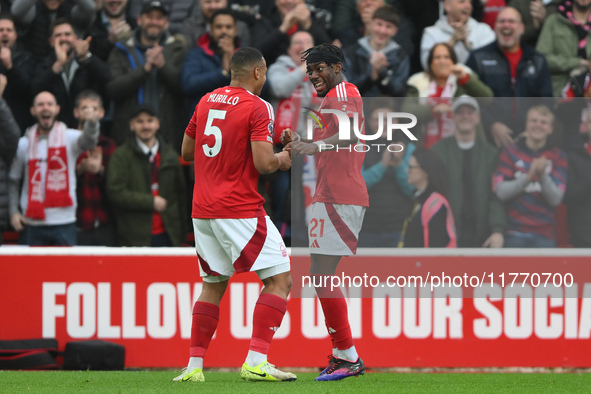 Murillo of Nottingham Forest celebrates with Anthony Elanga of Nottingham Forest after scoring a goal during the Premier League match betwee...