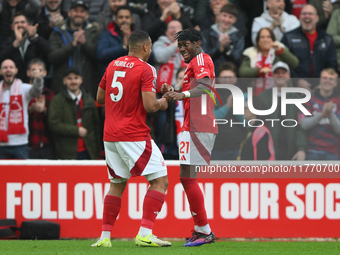 Murillo of Nottingham Forest celebrates with Anthony Elanga of Nottingham Forest after scoring a goal during the Premier League match betwee...