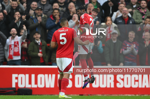 Murillo of Nottingham Forest celebrates with Anthony Elanga of Nottingham Forest after scoring a goal during the Premier League match betwee...