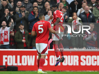 Murillo of Nottingham Forest celebrates with Anthony Elanga of Nottingham Forest after scoring a goal during the Premier League match betwee...