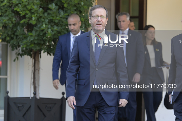 Israel President Isaac Herzog holds a press conference after his meeting with US President Joe Biden in Washington DC, USA, on November 12,...