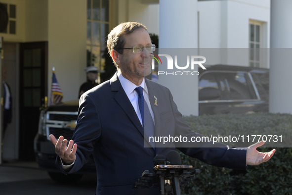 Israel President Isaac Herzog holds a press conference after his meeting with US President Joe Biden in Washington DC, USA, on November 12,...