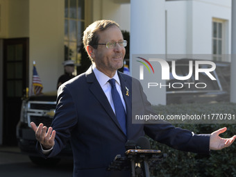 Israel President Isaac Herzog holds a press conference after his meeting with US President Joe Biden in Washington DC, USA, on November 12,...