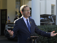 Israel President Isaac Herzog holds a press conference after his meeting with US President Joe Biden in Washington DC, USA, on November 12,...