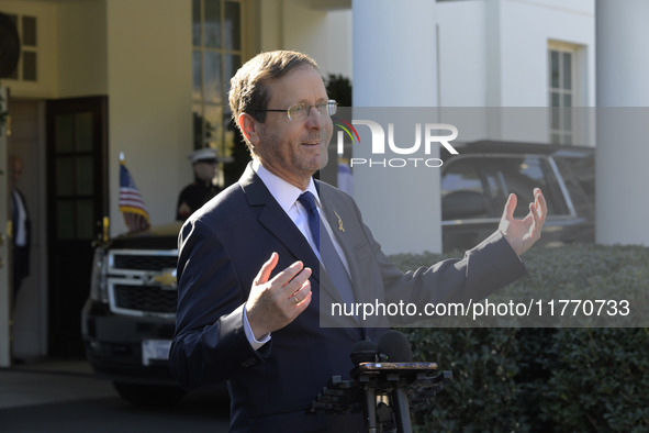 Israel President Isaac Herzog holds a press conference after his meeting with US President Joe Biden in Washington DC, USA, on November 12,...