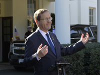 Israel President Isaac Herzog holds a press conference after his meeting with US President Joe Biden in Washington DC, USA, on November 12,...