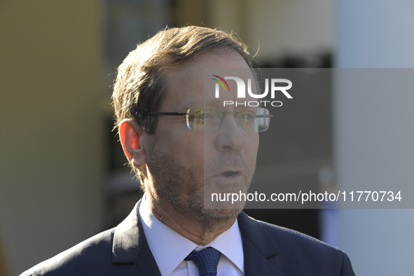 Israel President Isaac Herzog holds a press conference after his meeting with US President Joe Biden in Washington DC, USA, on November 12,...