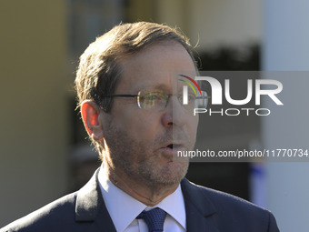 Israel President Isaac Herzog holds a press conference after his meeting with US President Joe Biden in Washington DC, USA, on November 12,...