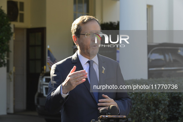 Israel President Isaac Herzog holds a press conference after his meeting with US President Joe Biden in Washington DC, USA, on November 12,...