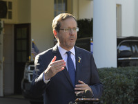 Israel President Isaac Herzog holds a press conference after his meeting with US President Joe Biden in Washington DC, USA, on November 12,...