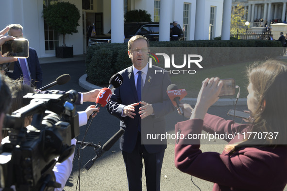 Israel President Isaac Herzog holds a press conference after his meeting with US President Joe Biden in Washington DC, USA, on November 12,...