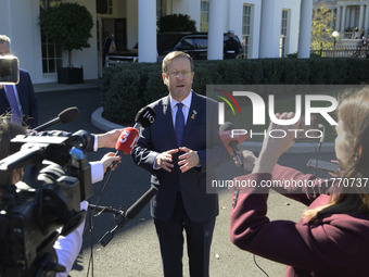 Israel President Isaac Herzog holds a press conference after his meeting with US President Joe Biden in Washington DC, USA, on November 12,...