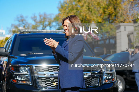 Vice President Harris returns to the White House for the first time since the election, where she is greeted by hundreds of White House staf...