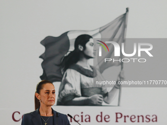 Claudia Sheinbaum Pardo, Mexico's president, speaks during a briefing about the national security plan at the National Palace in Mexico City...