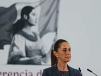 Claudia Sheinbaum Pardo, Mexico's president, speaks during a briefing about the national security plan at the National Palace in Mexico City...