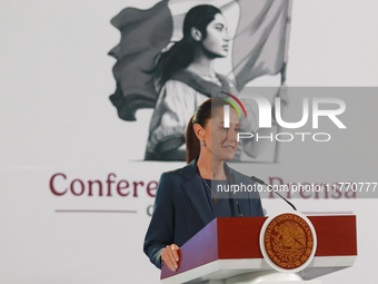 Claudia Sheinbaum Pardo, Mexico's president, speaks during a briefing about the national security plan at the National Palace in Mexico City...