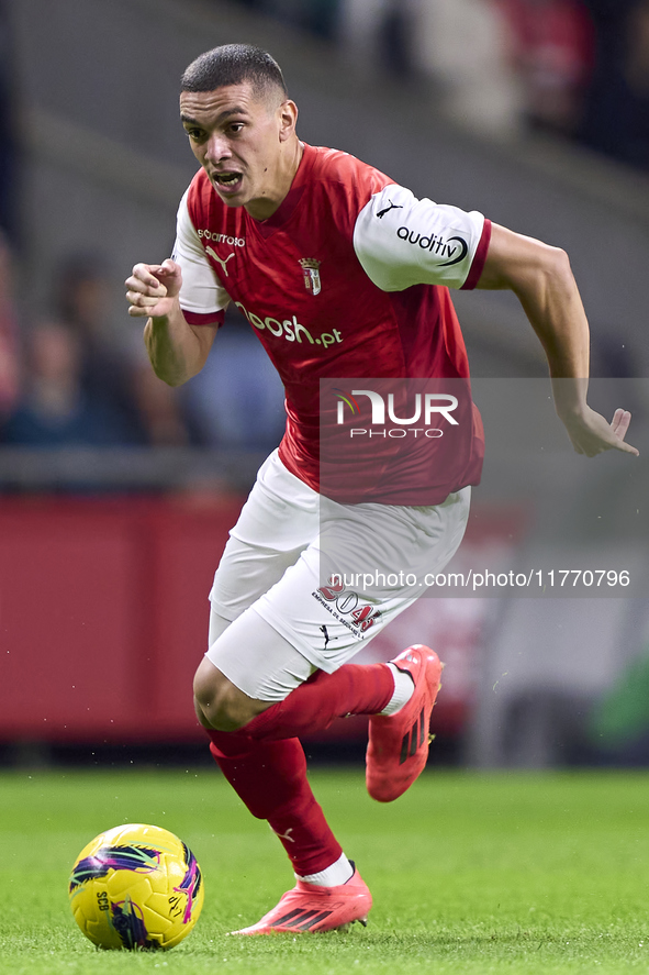 Amine El Ouazzani of SC Braga is in action during the Liga Portugal Betclic match between SC Braga and Sporting CP at Estadio Municipal de B...