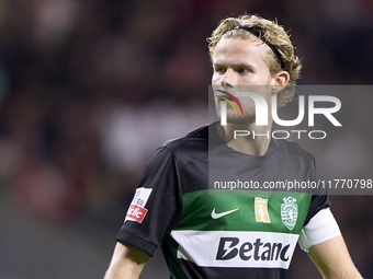 Morten Hjulmand of Sporting CP looks on during the Liga Portugal Betclic match between SC Braga and Sporting CP at Estadio Municipal de Brag...