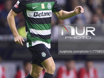 Daniel Braganca of Sporting CP is in action during the Liga Portugal Betclic match between SC Braga and Sporting CP at Estadio Municipal de...