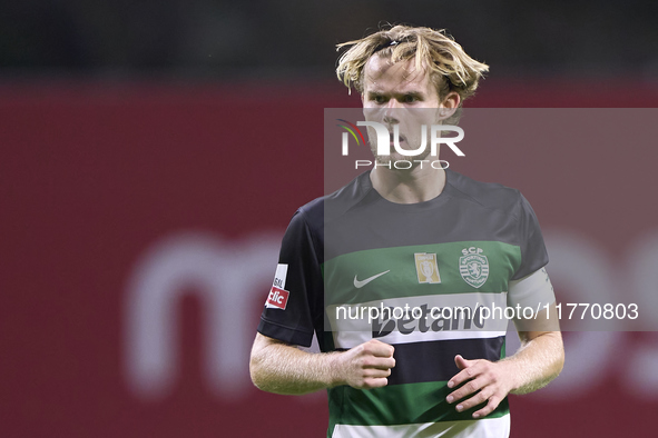 Morten Hjulmand of Sporting CP reacts during the Liga Portugal Betclic match between SC Braga and Sporting CP at Estadio Municipal de Braga...