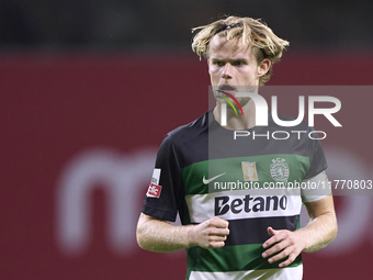 Morten Hjulmand of Sporting CP reacts during the Liga Portugal Betclic match between SC Braga and Sporting CP at Estadio Municipal de Braga...