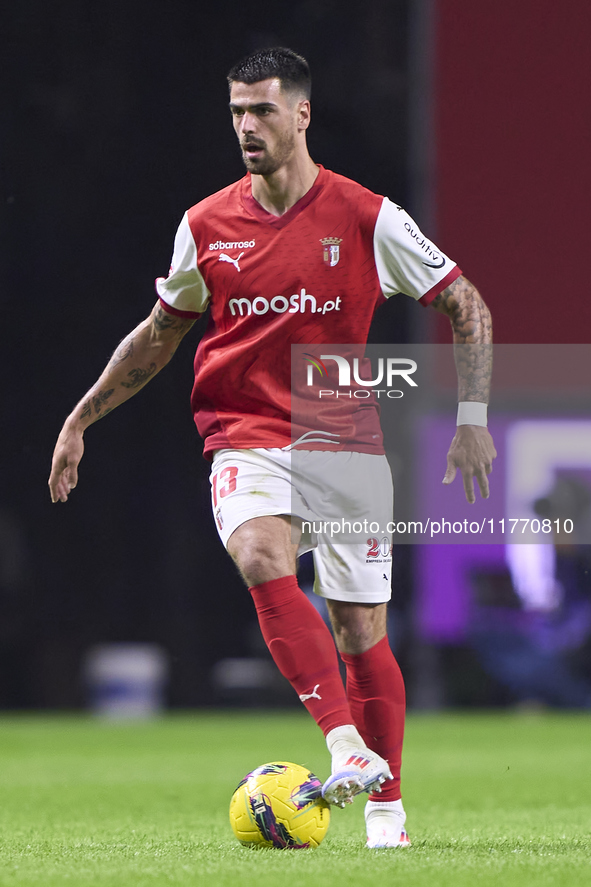 Joao Ferreira of SC Braga is in action during the Liga Portugal Betclic match between SC Braga and Sporting CP at Estadio Municipal de Braga...