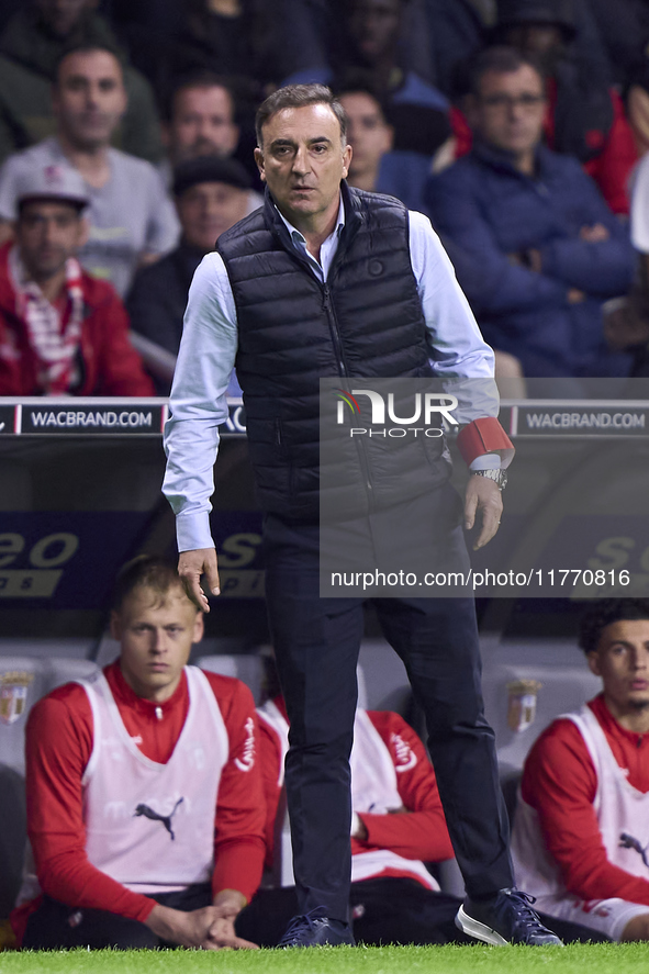 Carlos Carvalhal, Head Coach of SC Braga, reacts during the Liga Portugal Betclic match between SC Braga and Sporting CP at Estadio Municipa...