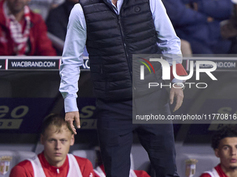 Carlos Carvalhal, Head Coach of SC Braga, reacts during the Liga Portugal Betclic match between SC Braga and Sporting CP at Estadio Municipa...