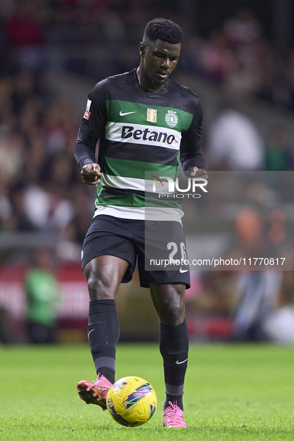 Ousmane Diomande of Sporting CP is in action during the Liga Portugal Betclic match between SC Braga and Sporting CP at Estadio Municipal de...