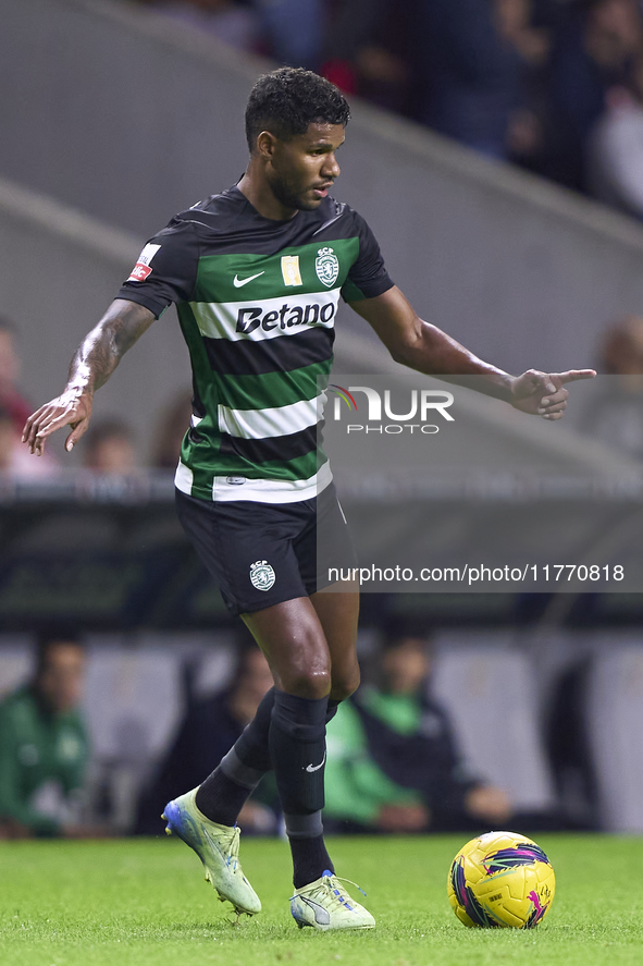 Matheus Reis of Sporting CP is in action during the Liga Portugal Betclic match between SC Braga and Sporting CP at Estadio Municipal de Bra...