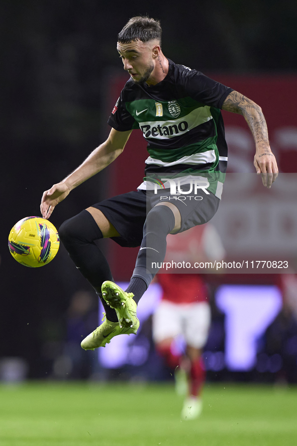 Zeno Debast of Sporting CP is in action during the Liga Portugal Betclic match between SC Braga and Sporting CP at Estadio Municipal de Brag...