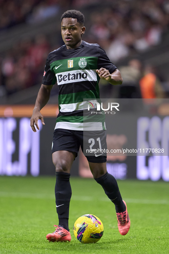 Geny Catamo of Sporting CP is in action during the Liga Portugal Betclic match between SC Braga and Sporting CP at Estadio Municipal de Brag...