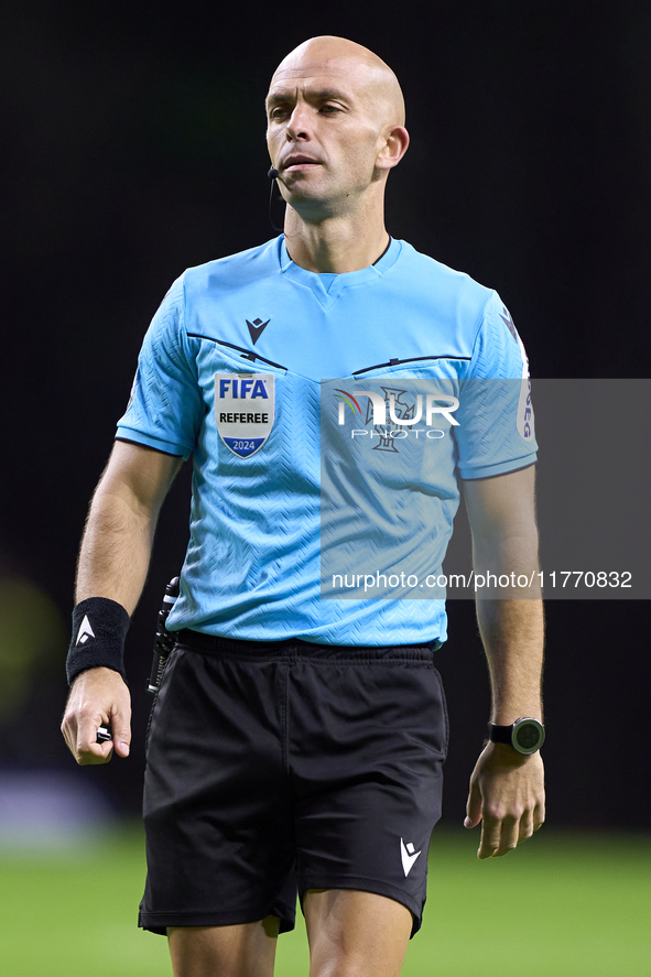 Referee Luis Godinho looks on during the Liga Portugal Betclic match between SC Braga and Sporting CP at Estadio Municipal de Braga in Braga...