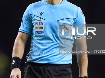 Referee Luis Godinho looks on during the Liga Portugal Betclic match between SC Braga and Sporting CP at Estadio Municipal de Braga in Braga...