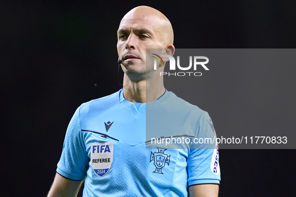 Referee Luis Godinho looks on during the Liga Portugal Betclic match between SC Braga and Sporting CP at Estadio Municipal de Braga in Braga...