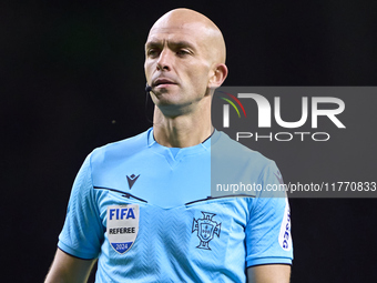 Referee Luis Godinho looks on during the Liga Portugal Betclic match between SC Braga and Sporting CP at Estadio Municipal de Braga in Braga...