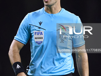 Referee Luis Godinho reacts during the Liga Portugal Betclic match between SC Braga and Sporting CP at Estadio Municipal de Braga in Braga,...