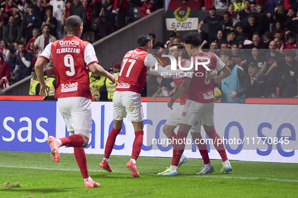 Ricardo Horta of SC Braga celebrates with his teammates after scoring his team's first goal during the Liga Portugal Betclic match between S...