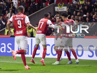 Ricardo Horta of SC Braga celebrates with his teammates after scoring his team's first goal during the Liga Portugal Betclic match between S...