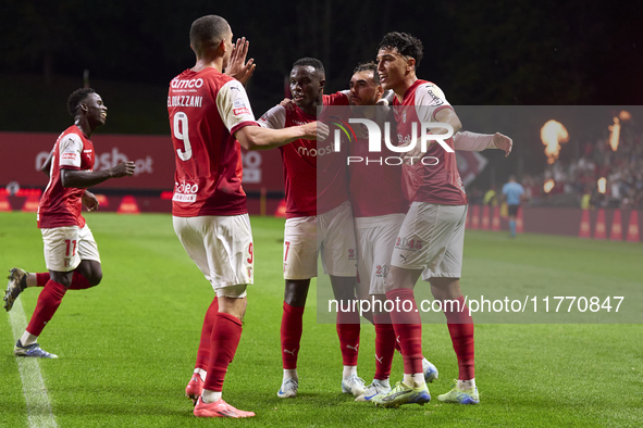 Ricardo Horta of SC Braga celebrates with his teammates after scoring his team's second goal during the Liga Portugal Betclic match between...