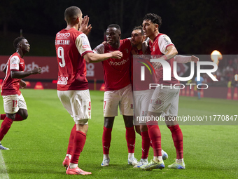 Ricardo Horta of SC Braga celebrates with his teammates after scoring his team's second goal during the Liga Portugal Betclic match between...