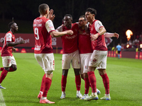 Ricardo Horta of SC Braga celebrates with his teammates after scoring his team's second goal during the Liga Portugal Betclic match between...