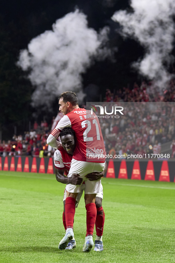 Ricardo Horta of SC Braga celebrates with Armindo Tue Na Bangna 'Bruma' after scoring his team's second goal during the Liga Portugal Betcli...