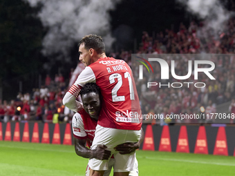 Ricardo Horta of SC Braga celebrates with Armindo Tue Na Bangna 'Bruma' after scoring his team's second goal during the Liga Portugal Betcli...