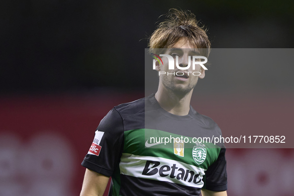 Daniel Braganca of Sporting CP reacts during the Liga Portugal Betclic match between SC Braga and Sporting CP at Estadio Municipal de Braga...