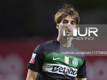 Daniel Braganca of Sporting CP reacts during the Liga Portugal Betclic match between SC Braga and Sporting CP at Estadio Municipal de Braga...